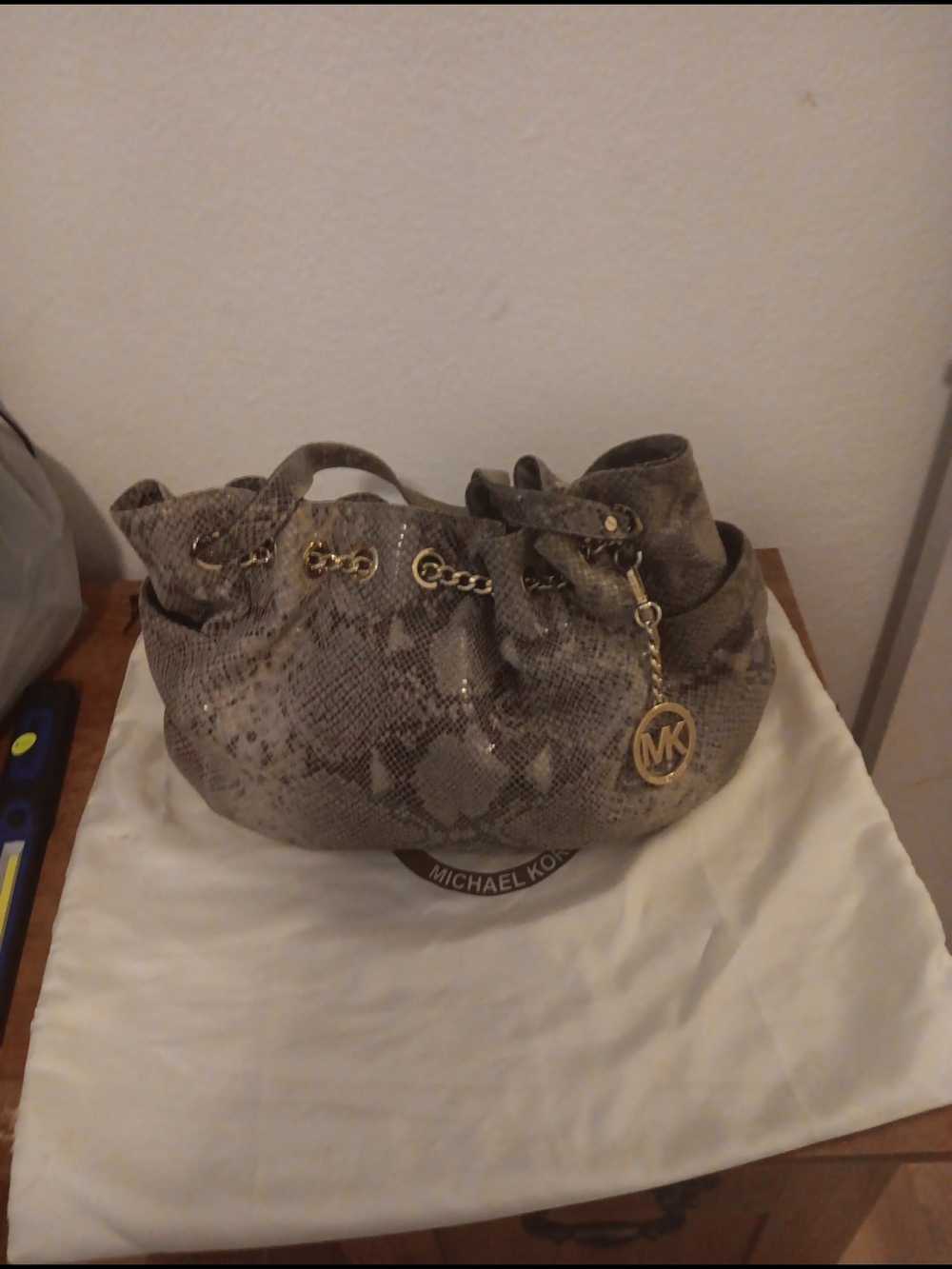 Michael Kors Gray Snake-Print Shoulder Bag with Gold Hardware